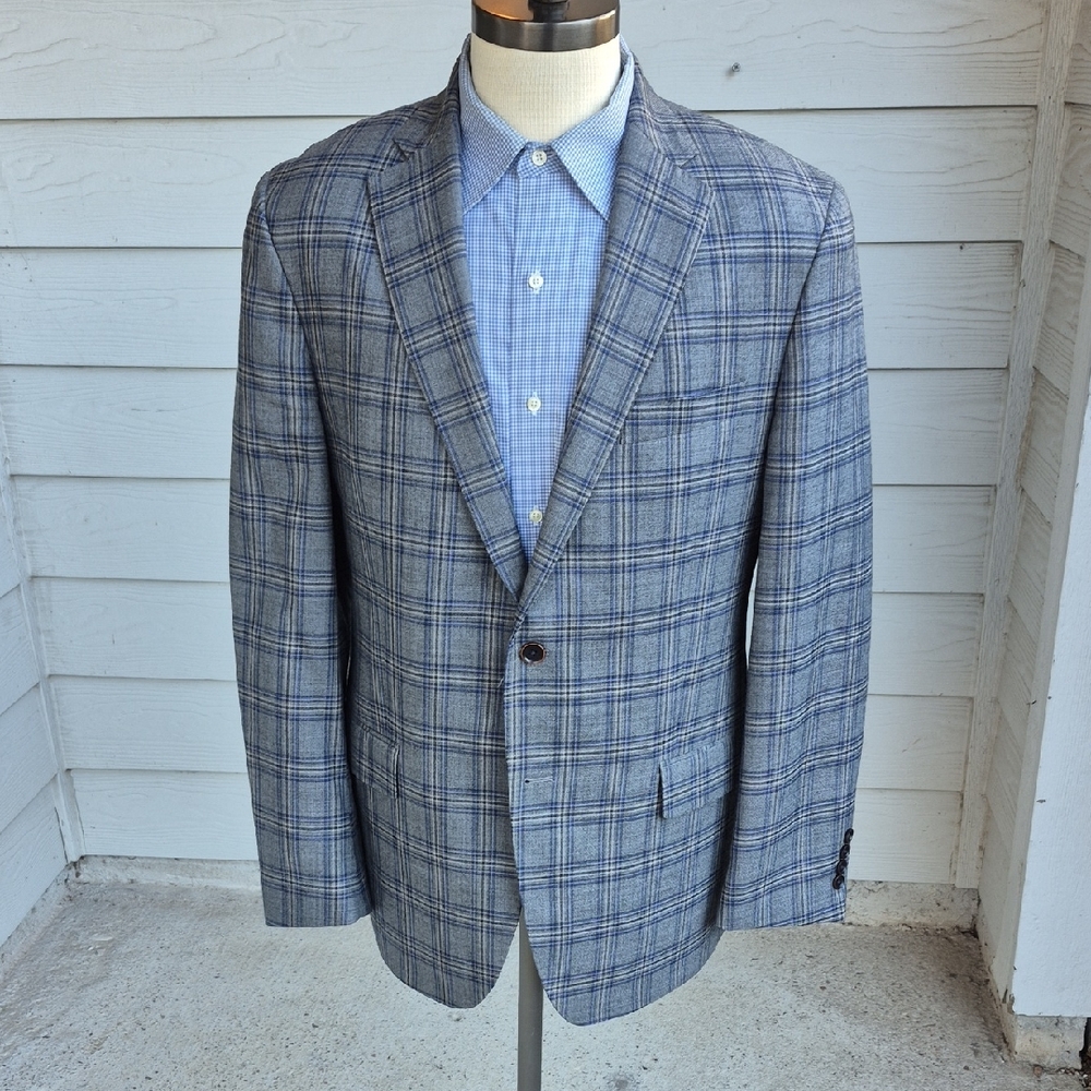 HART SCHAFFNER MARX‎ Canada Grey Blue Plaid Wool Mens Sz 42 R Mens Sport Coat
